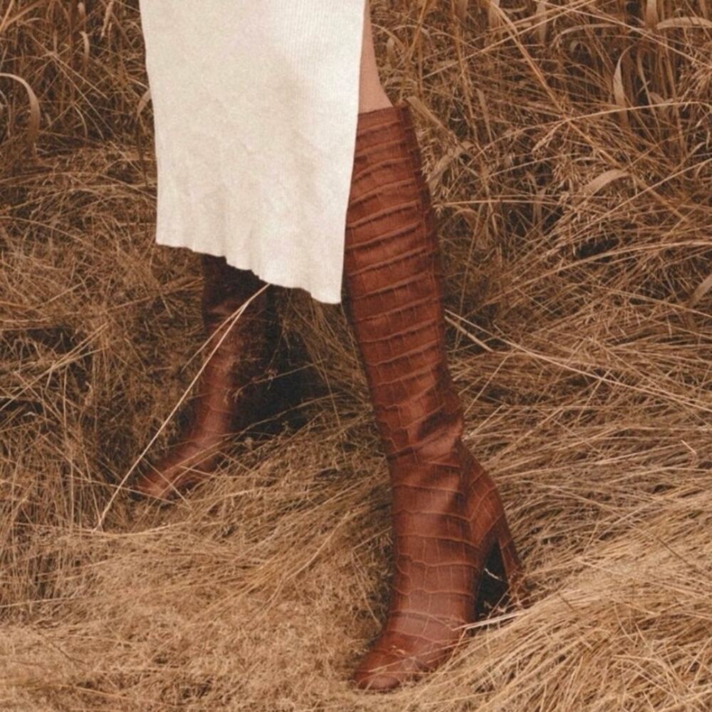 NEW SAM EDELMAN Clarem Leather Croc Embossed High Block Heeled Tall Boots SZ 6.5 - Picture 5 of 13